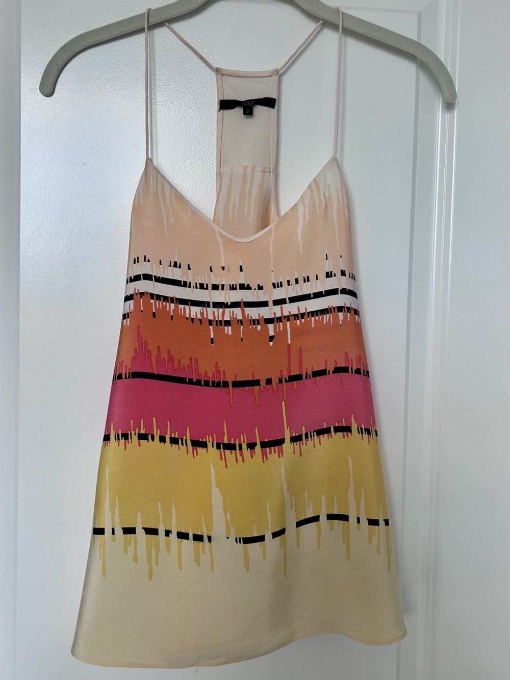 Tibi Sz. 2 White Strappy Shirt with peach/orange/pink/yellow 80s lux aesthetic.